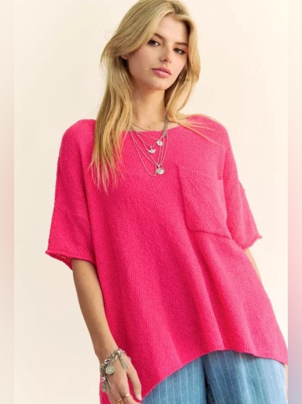 Davi & Dani Women's Oversized Pink Pocket Knit Top Pink L NWT